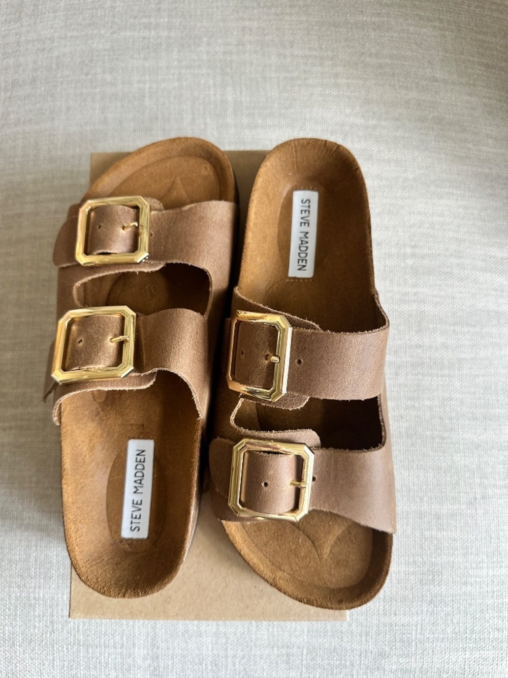 Steve Madden Birkenstock Brown Tan Gold Leather Brown Sandals NEW